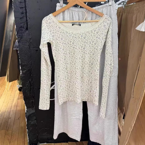 Sonicelife Lace Trim Floral Print Sweet Slim Women T-shirts For Autumn Spring Tight Long Sleeve Tshirt Top Round Neck Y2K Street Tees