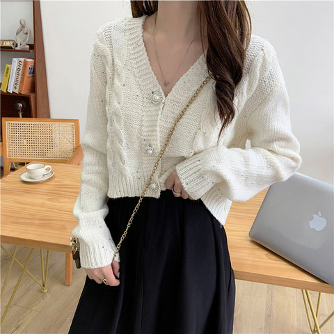 Sonicelife Chic Pearl Buttons Cardigan Women Sweet Long Sleeve Cropped Elegant Knitted Sweaters Coat Korean Long Sleeve White Cardigan