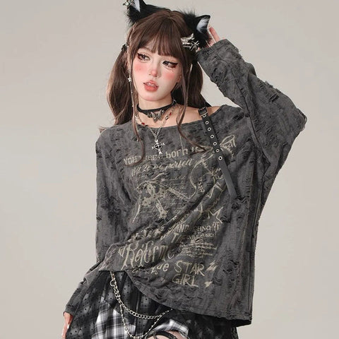 Sonicelife Sexy Hollow Out T Shirt Women Gothic Goth Grunge Dark Off Shoulder Tees Streetwear Letter Print Fashion Tops Autumn