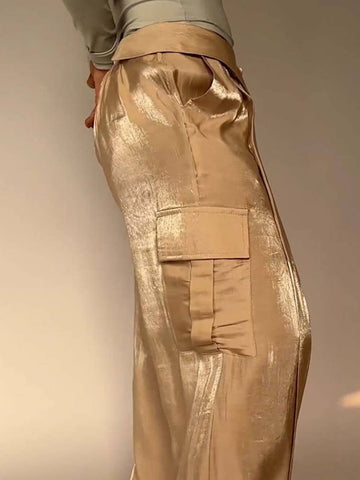 Sonicelife-Golden Years Glitter Fabric Drawstring Waist Pocketed Wide Leg Pants