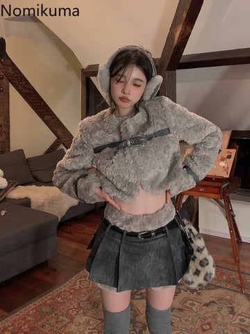 Sonicelife Winter Clothes Women Gray Lamb Wool Jacket 2025 Ropa Mujer Stand Neck Fashion Korean Outwear Y2k Tops Furry Thicked Warm Coat