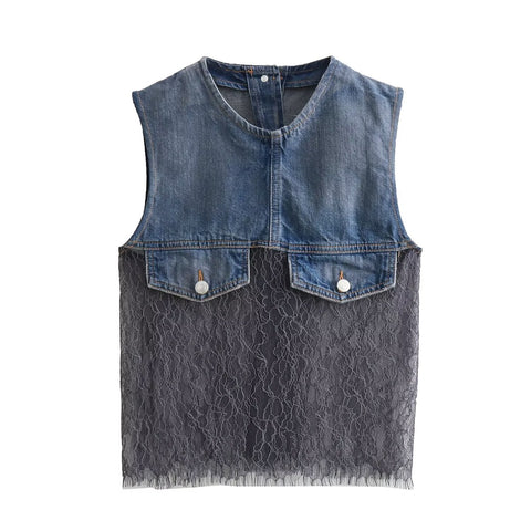 Sonicelife Women's New T-shirt Sleeveless Pocket Decoration Lace Perspective Sensual Short sleeved Top