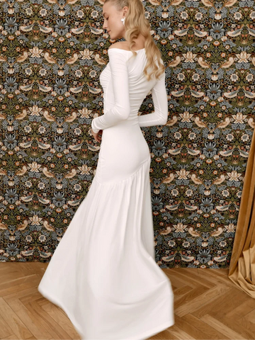 Sonicelife Fashion White Off Shoulder Long Dress Elegant Full Sleeve Slim Fit Pleated Dresses New Women's Summer Party Club Vestidos 2025
