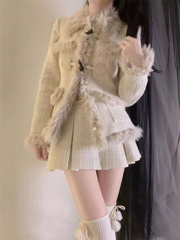 Sonicelife 2025 Spring Faux Fur Korean Fashion Suit Woman Knitted Sweater Set Warm Casual Tops + Slim Bodycon Y2k Mini Skirtm Female Chic