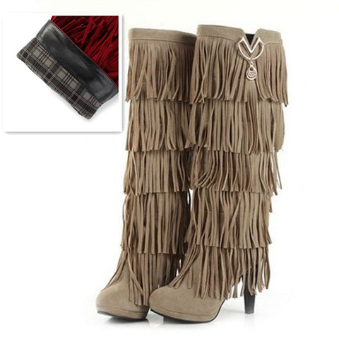 thanksgiving outfit Sonicelife size 32-43 Flock Fur Women boots High heels Knee boots Fringe Tassels Fashion Black Red ZL4150