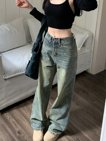 Sonicelife Y2k Baggy Wide Leg Jeans Women Vintage Street Wear Washed Denim Pants Grunge Basic Slouchy Blue Female Trousers New