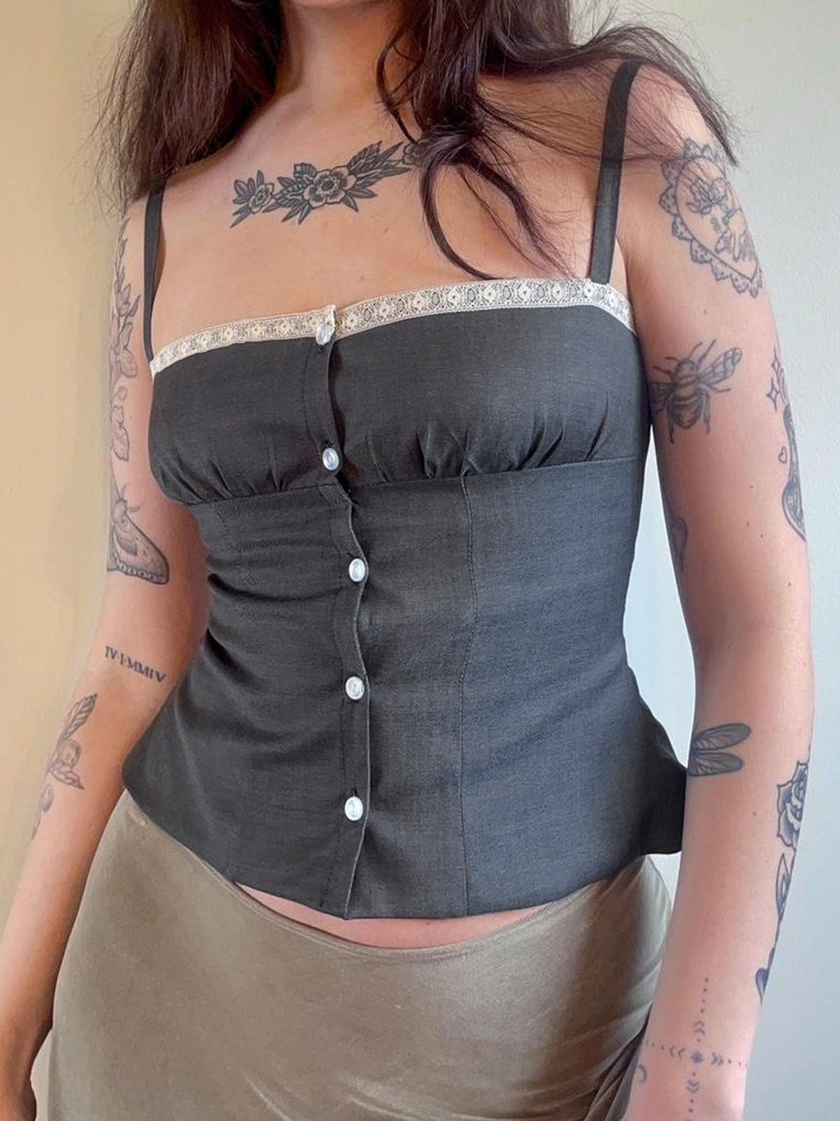 Sonicelife Dark Academia Y2k Camis Women Gothic Cyber Punk Streetwear Lace Patchwork Crop Tank Tops Emo Alternative Grunge Outfits