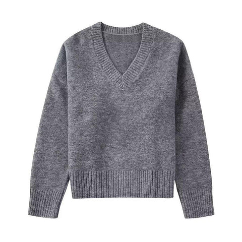 Black Friday Sonicelife Casual Knitted Solid V-neck Sweaters Women Retro Loose Long Sleeve Pullover Sweater Female Autumn Versatile Simple Base Knitwear