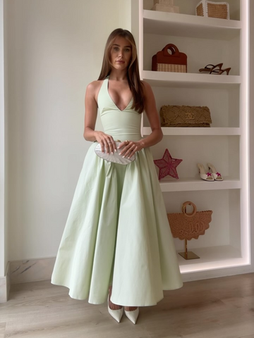 Sonicelife Elegant V Neck Green Long Dresses Women Fashion High Waist A-line Halter Midi Vestidos New Summer Lady Evening Party Dress 2025