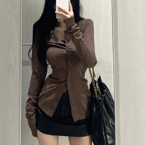 Sonicelife Streetwear Women Shirts Korean Fashion Female Slim Fit Long Sleeve Tops Y2K Casual All Match Solid Shirts Autumn New
