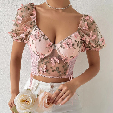 Sonicelife-Sexy Butterfly Embroidered V Neck Puff Sleeve Crop Top Blouse