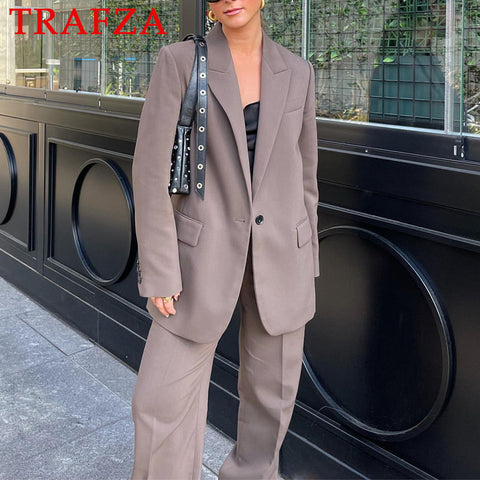 thanksgiving outfit Sonicelife Woman Fashion 2024 Autumn Brown Office Lady Woman Suits Loose V Neck Blazer+High Waist Long Leg Pants Vintage Women Sets