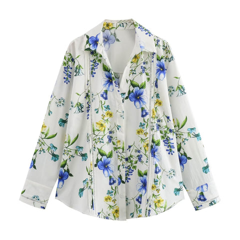 Sonicelife Women's Floral Printed Shirt Poplin Fabric Fashionable Temperament Long Sleeved Single Breasted Top New