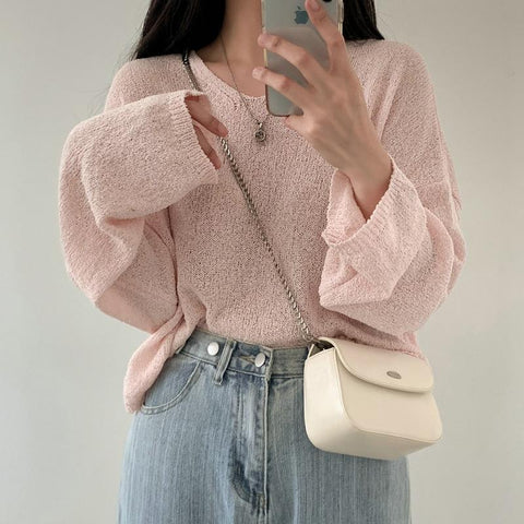 Sonicelife Solid Color V-Neck Oversized Knitted Tee