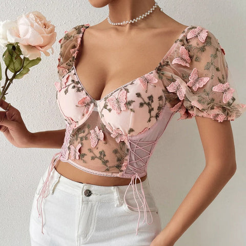 Sonicelife-Sexy Butterfly Embroidered V Neck Puff Sleeve Crop Top Blouse