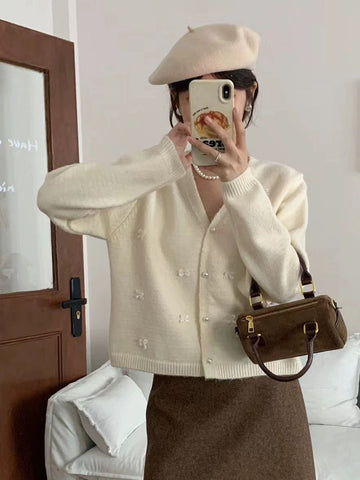 Sonicelife Bow Sweet Women Cardigan Sweaters Japan V Neck Elegant Knitted Coat Fashion Long Sleeve Loose Casual Cute Fall Female Tops