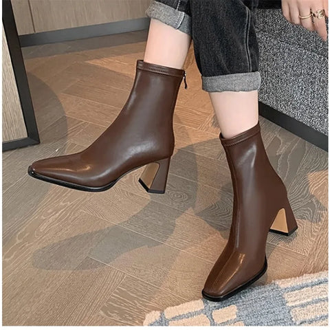 Sonicelife Shoes Female 2024 Hot Sale Zipper Women's Boots Autumn Square Toe Solid Mid Heeled Commuting Work Daily British Naked Boots