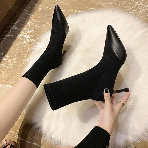 Sonicelife Socks Boots Women Stretch Fabric Elastic Stilettos Heel Sexy Pointed Toe Ankle Boots Slip-On Shoes Woman Thin Heels Party Boots