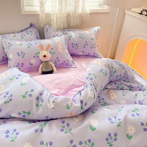 Sonicelife Flowers Rabbit Bedding Set Ins No Filler Single Queen Size Duvet Cover Flat Sheet Pillowcase Girls Boys New Comforter Duvet