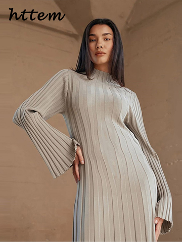 Sonicelife Elegant Knit Ribbed Long Dress Women Solid Half High Collar Flare Sleeve Pleated Party Dresses 2024 Autumn Lady Straight Gown