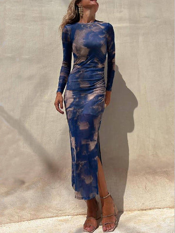 Sonicelife-Charm Lady Mesh Overlay Tie Dye Print Long Sleeve Ruched Stretch Midi Dress