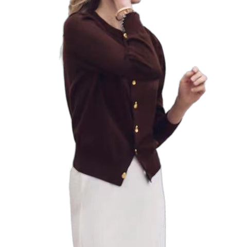 Sonicelife Women's Monochromatic Knitted Cardigan Deep Neck Gold Breasted Modified Plain Needle British Style Commuter Temperament Casual