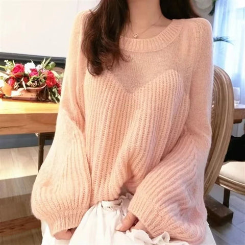 christmas outfit Sonicelife Autumn Winter Sweater Women's O-neck Hollow Out Lantern Sleeves Pullover Women's Korean Pink Blue Top Knitwear Trending Sweaters