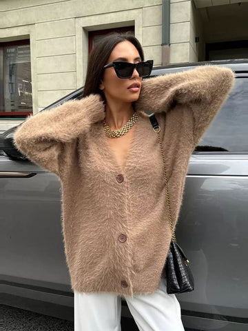 Black Friday Sonicelife Casual Solid Imitation Mink Cardigan Women Loose Knitted Plush V-neck Single-Button Sweaters Female Autumn Chic Street Tops