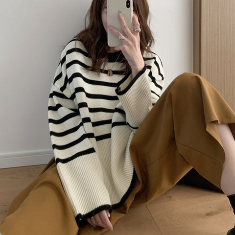 Black Friday Sonicelife Korean Striped Sweater Women Loose Side Split Chic O-Neck Knit Pullover Pretty Style Casual Fall Winter Lazy Vintage Jumpers