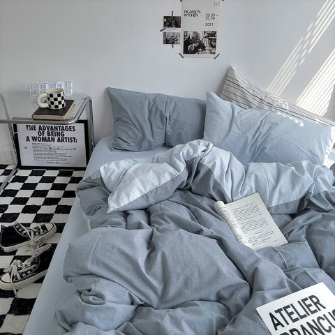Sonicelife INS White And Blue Grey Solid Color Bedding Set Flat Bed Sheet Duvet Cover Double Full Queen King Bedclothes Pure Bedroom Linen