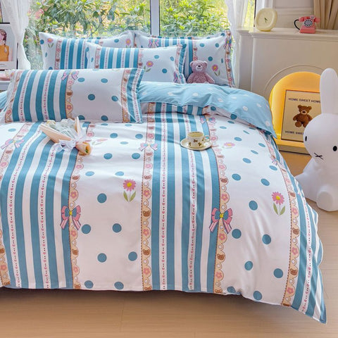 Sonicelife Ins Blue Stripe Duvet Cover Set Soft Flat Sheet Quilt Cover Pillowcase Bed Linen Twin Queen Full Size Floral Bedding Set