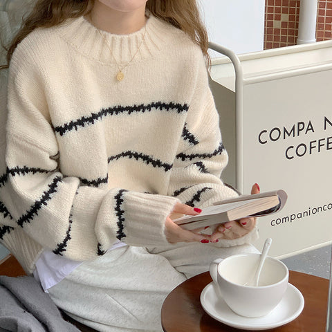 Sonicelife Vintage Striped Women Sweater Casual O Neck Korean Knitted Pullover Top Winter Thick Loose Female Jumper New