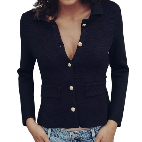 Sonicelife Women's Knitted Cardigan with Polo Collar Single-Breasted Flip Top Versatile Casual Long-Sleeved Sweater Commuter New