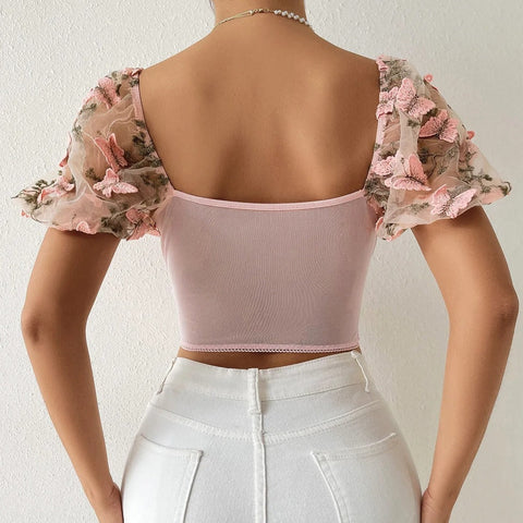 Sonicelife-Sexy Butterfly Embroidered V Neck Puff Sleeve Crop Top Blouse