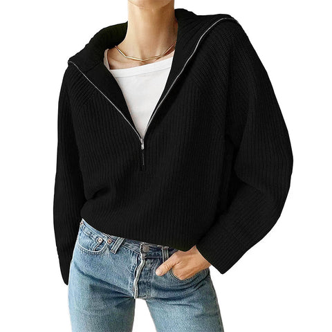 Black Friday Sonicelife Casual Knitted Zipper Lapel Sweaters Women Korean Loose Solid Pullover Sweater Female Autumn Chic Retro Street All-matching Tops