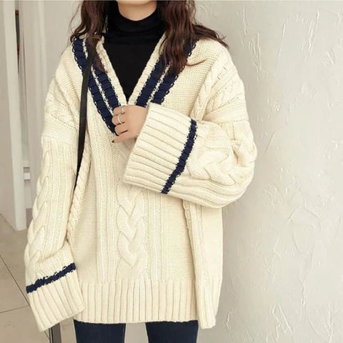 Sonicelife Autumn Winter  Women Thickened Warm Sweater Ribbed Patchwork V-Neck Loose Casual Pullovers Knit Office Jumpers Sweater