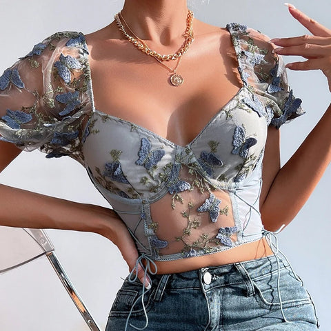 Sonicelife-Sexy Butterfly Embroidered V Neck Puff Sleeve Crop Top Blouse