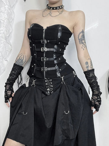 Sonicelife Mall Gothic Alt Vest Women Streetwear Harajuku Grunge Pu Patchwork Zipper Crop Tank Tops Halloween Cosplay Outfits Femme