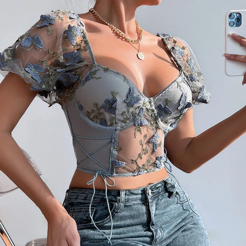 Sonicelife-Sexy Butterfly Embroidered V Neck Puff Sleeve Crop Top Blouse