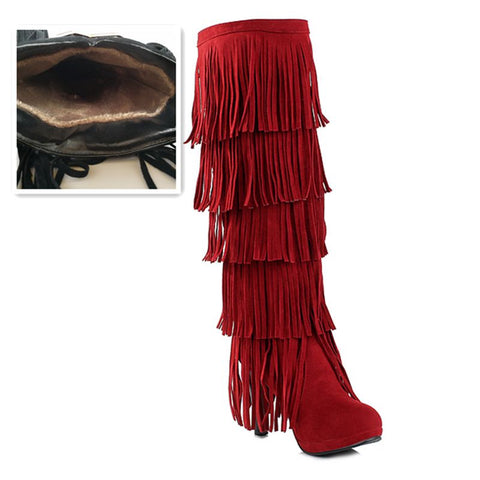 thanksgiving outfit Sonicelife size 32-43 Flock Fur Women boots High heels Knee boots Fringe Tassels Fashion Black Red ZL4150