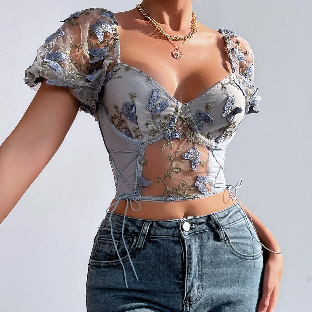 Sonicelife-Sexy Butterfly Embroidered V Neck Puff Sleeve Crop Top Blouse