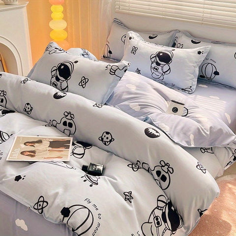 Sonicelife Ins Cartoon Astronaut Bedding Set Soft Flat Sheet Duvet Cover Pillowcase Polyester Bed Linen Twin Queen Full Size Quilt Cover