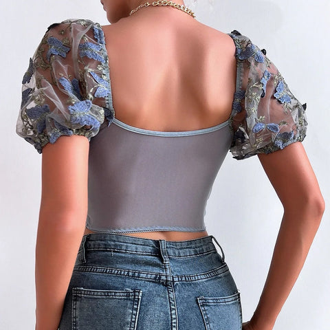 Sonicelife-Sexy Butterfly Embroidered V Neck Puff Sleeve Crop Top Blouse