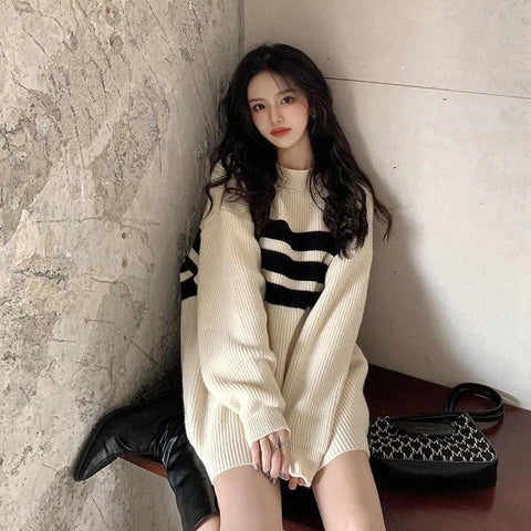 Sonicelife Striped Vintage Sweaters Women Lazy Wind Loose Long Sleeve Knitted Pullovers Korean Oversize Casual Streetwear Jumpers Fall