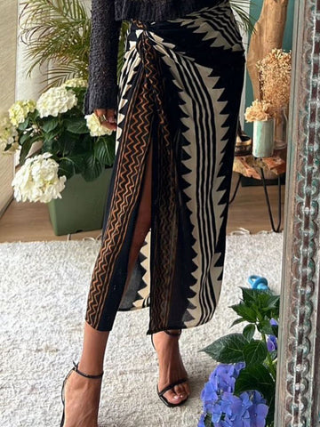 Sonicelife-Astra Ethnic Print High Waist Ruched Wrap Maxi Skirt