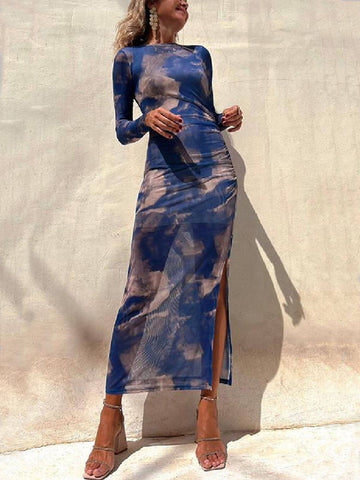 Sonicelife-Charm Lady Mesh Overlay Tie Dye Print Long Sleeve Ruched Stretch Midi Dress