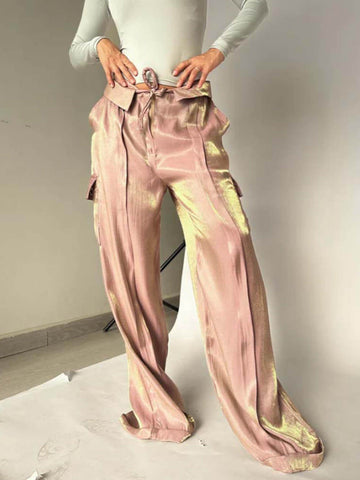 Sonicelife-Golden Years Glitter Fabric Drawstring Waist Pocketed Wide Leg Pants