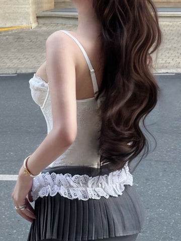 Sonicelife Sweet Aesthetic Pleated Skirt Women Mall Goth Fairycore Grunge Lace Patchwork Low Waist Mini Skirt Y2k E-girl Cute Skirt