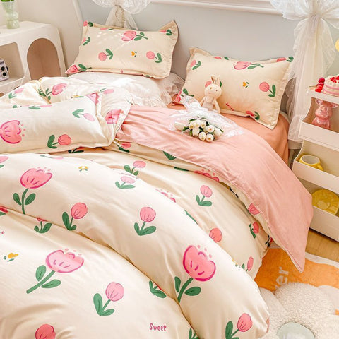 Sonicelife Floral Bedding Set Kawaii Rabbit Duvet Cover Flat Sheet Pillowcase Soft Bed Linens Single Full Dormitory Bedroom Home Textile