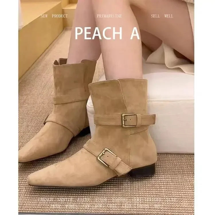 Sonicelife 2025   new fashion design khaki suede leather buckle strap pointed toe boss boots punk style goth square heel women shoes